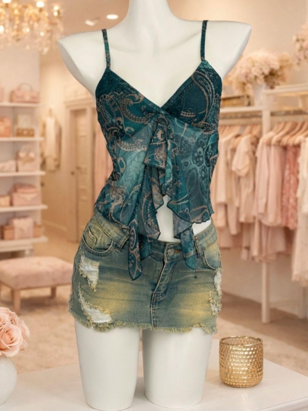 Source Unknown Teal Paisley Ruffle Tie-Front Cami Top